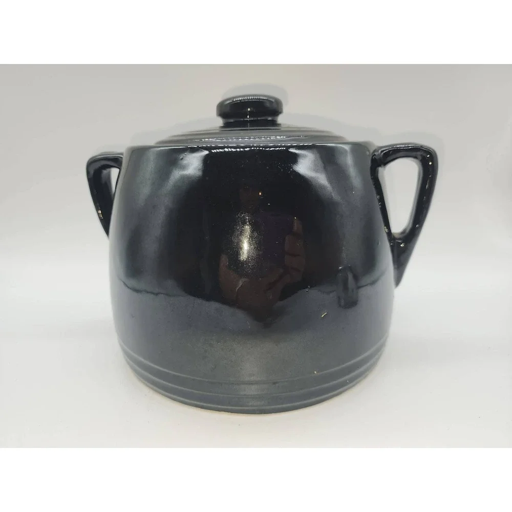 Vintage Black Ceramic Hand Painted Grape Bean Pot Cookie Jar with Lid 2 Handle - Picture 15 of 16